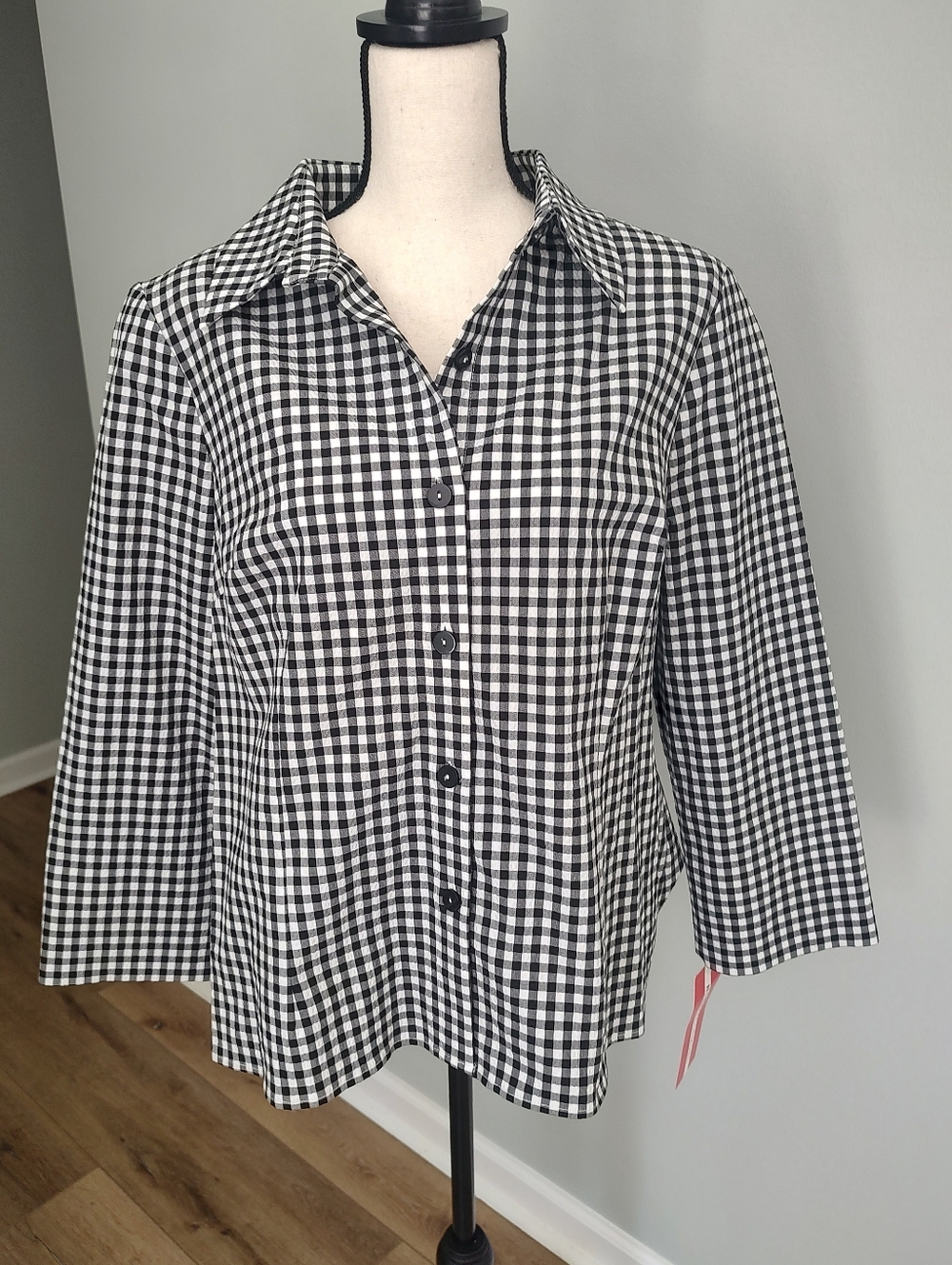 Nina McLemore Seersucker Gingham Cotton Stretch Top Jacket Button Down 12 NWT